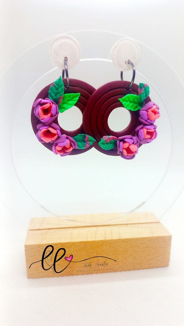 LadyLunatic Purple Pink Three Floral Maroon Hoop Earring